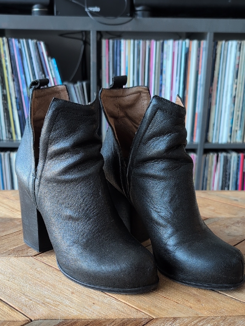 Jeffrey Campbell OSHEA Black Leather Ankle Booties with Block Heel